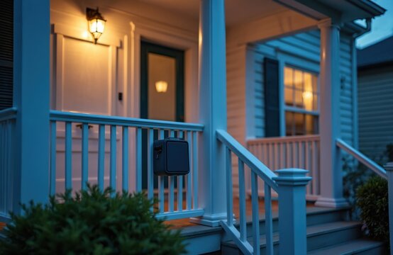 Illuminated house porch at dusk with railing mounted lockbox. Steps lead to front door and window showing warm interior light. Exterior light fixture glows.