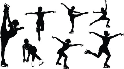 Mega Vector Collection of Black Silhouette Figures in Dynamic Action Poses, Featuring Figure Skating, Breakdance, Martial Arts, Hip Hop, Kicks, Jumps, and Sword Fighting Stances, Isolated on White.
