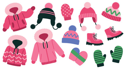 Winter fashion apparel collection, featuring bright jackets, warm hats, and stylish gloves, offering cozy seasonal clothing elements, modern cold-weather outfits,