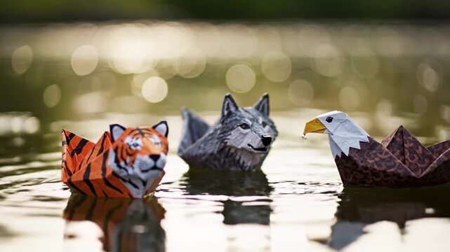 Origami Animal Boats Floating on Water Tiger Wolf and Eagle.