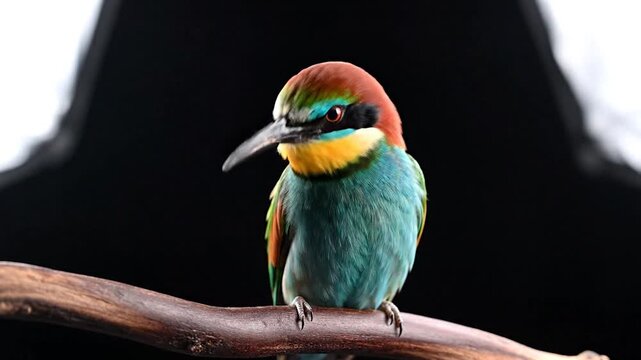 Rainbow-colored bee-eater bird perched on a branch with a dark, moody background