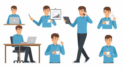 Man in Blue Shirt Engaged in Various Business Activities.