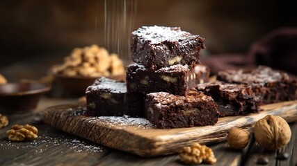 A rustic wooden table displays a tempting stack of chocolate brownies dusted with powdered sugar, surrounded by walnuts and a bowl of nuts, evoking a cozy baking atmosphere