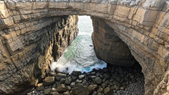Dynamic Ocean Waves Crashing through Natural Rock Bridge Formation near Cliffside