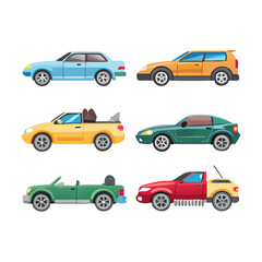 Set of automobiles of different shapes and colors. Sports car, convertible, suv, hatchback icons. Vehicle, means of transportation in city and nature. Types of passenger cars vector illustration