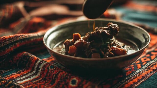 A close-up view of a rustic bowl filled with a rich, savory stew, being stirred with a wooden spoon, set against a vibrant, patterned textile backdrop that enhances the warm, cozy atmosphere