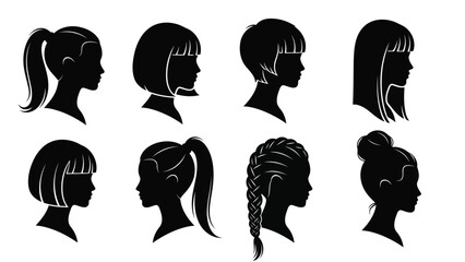 A collection of eight diverse female hairstyle silhouettes, showcasing short, long, braided, and updos