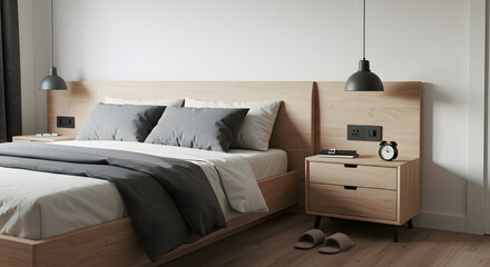 Modern Minimalist Bedroom Interior Design. Clean wooden furniture, comfortable grey bedding, and stylish decor.