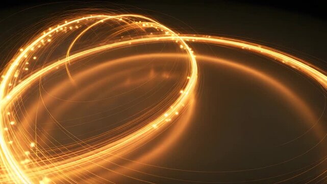 Abstract background featuring swirling golden light trails and sparkling particles creating a dynamic sense of speed and digital data flow across a dark canvas