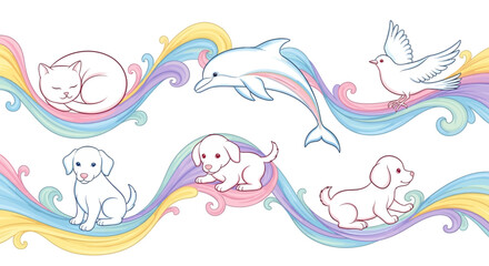 Naklejka premium Vibrant rainbow wave illustration featuring flowing pastel lines with small animal accents for whimsical decorative artwork
