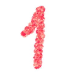 Number one red textured in plush style. Illustration of the number 1 with a red furry effect.