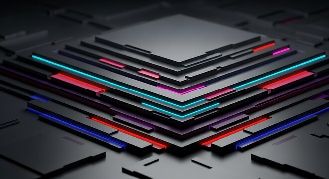 Dynamic geometric layers illuminated by glowing neon lines, representing advanced digital technology