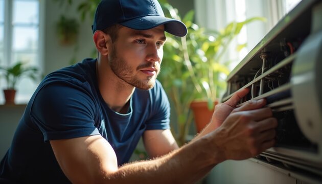 Young man in blue cap repairs air conditioner indoors. He works with wires inside unit, focused on fixing appliance. Home service technician at work, pro job.