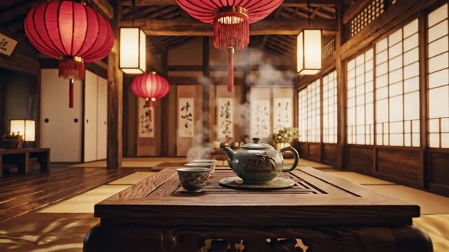 A traditional Japanese tea room with a lowish wooden table, red lanterns, tatami, and shoji screens
