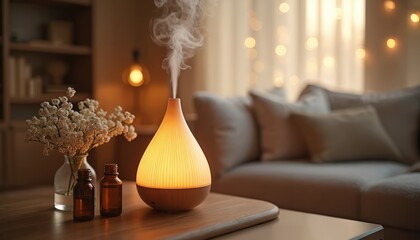Aroma diffuser emits steam creating cozy atmosphere with soft lights. Essential oil bottles and flowers nearby on wood table. Relaxing home interior with warm ambient light.