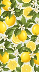 Obraz premium A vibrant and appetizing pattern showcases whole and sliced lemons, adorned with delicate blossoms and lush foliage, creating a cheerful and refreshing visual feast.