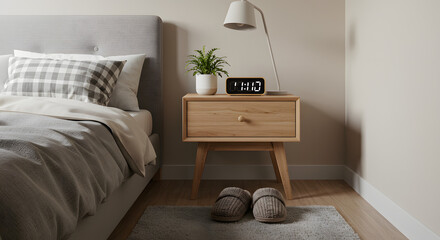 Cozy and Modern Bedroom Interior with Stylish Wooden Nightstand and Digital Clock