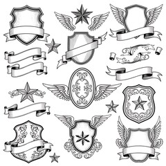 Collection of vintage-style decorative shields, ribbons, and wings, perfect for graphic design elements.