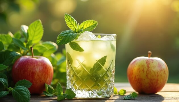 Cool apple mint drink in patterned glass with fresh fruit and green leaves. Refreshing beverage sits on wooden table in sunlight. Enjoy summer.