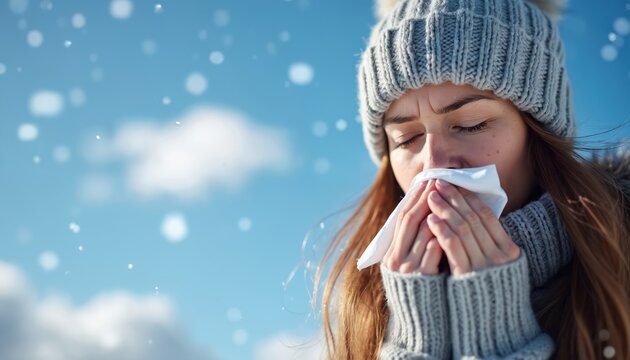 Woman sneezes into tissue outside in winter with snow falling. She wears warm hat and sweater. Seasonal illness and cold symptoms are shown.
