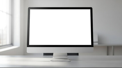 Fototapeta premium Mockup Laptop Computer Aesthetic white screen, Front view laptop with blank white screen on work desk for workspace mockup