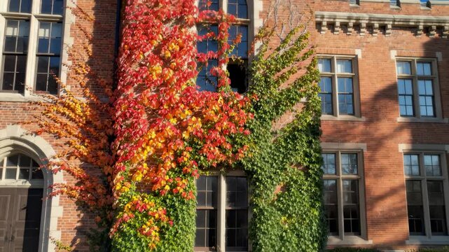 Ivy Changing Color on Brick University Building Facade Over Time