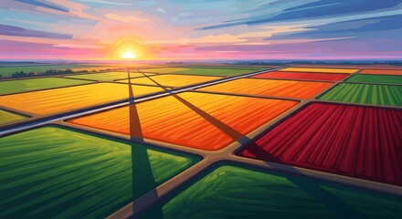 A vibrant aerial view of a colorful agricultural landscape at sunset, showcasing diverse crops in geometric patterns.