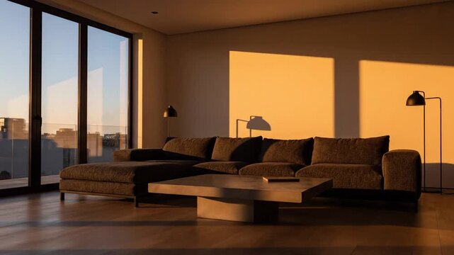 Bright living room. with a plush, L-shaped sofa, warm wood floors, and soft afternoon light, serene.