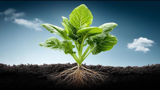 Green leafy vegetable with visible root system in soil under blue sky, concept of plant growth, agriculture, and sustainability