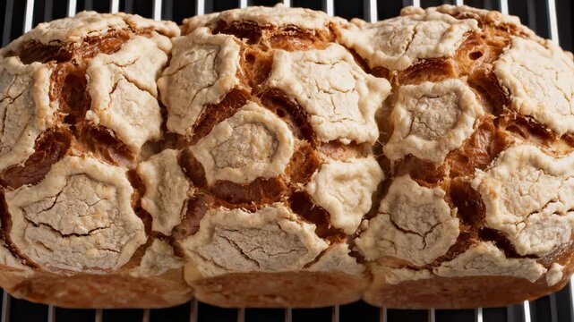 Close-Up of Freshly Baked Cracked Crust Bread on a Cooling Rack