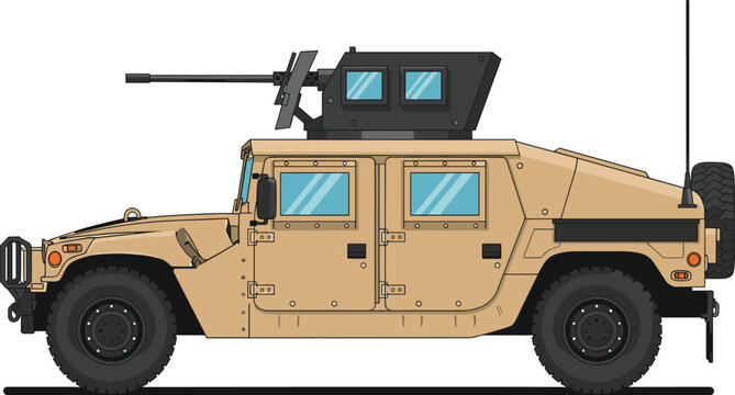 Military Humvee side view, desert camouflage, armored vehicle, turret gun, off-road tires, communication antenna, spare tire, flat vector illustration