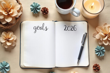 Goals 2026 concept. New Year Routine. Empty notebook, pen, cup of coffee, burning candle and paper honeycomb baubles. Flat lay style.