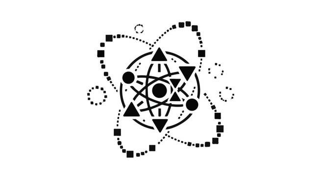 A complex atom model graphic uses circles and triangles to illustrate scientific structure.
