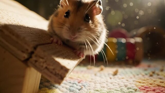 Adorable Hamster Exploring Wooden Structure in Cozy Indoor Setting.