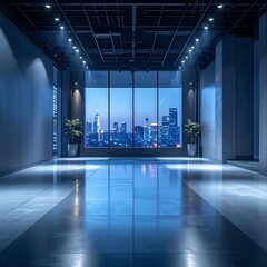 Empty modern office interior with large windows overlooking a city skyline at dusk, illuminated by cool blue lighting, creating a sleek and contemporary atmosphere.