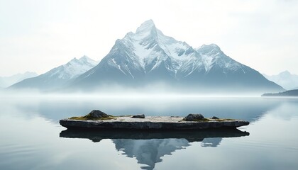 Snowy mountain range reflected in calm lake with small rocky island. Misty atmosphere, clear sky above. Serene nature scene. Pristine landscape view.
