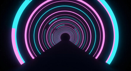 Vibrant neon light tunnel, an abstract digital pathway to a futuristic dimension. Glowing pink and blue rings create a mesmerizing, infinite vortex of energy and cyber aesthetic
