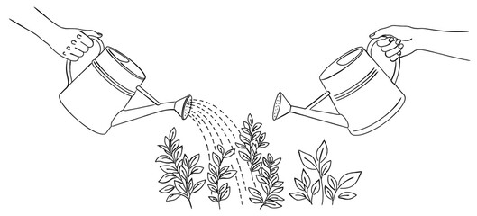 ジョウロで水やりをする手のイラストセット（ガーデニング・植物）,手入れ,育成,庭,シンプル,ベクター © DROP DESIGN STUDIO