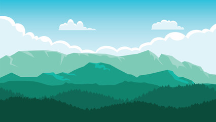 Obraz premium Mountains and forest wild nature landscape travel and adventure panorama into the woods horizon line.