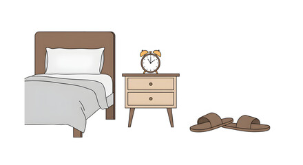 Bedroom essentials: bed, nightstand with alarm clock, and slippers. Minimalistic illustration of sleep and morning routine.