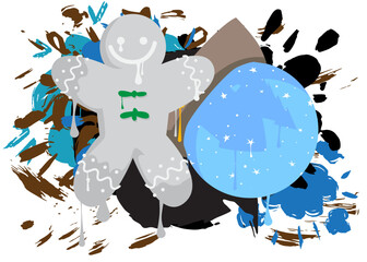 Snow Globe and Gingerbread Man Christmas Cookie graffiti. Abstract modern street art decoration performed in urban painting style.