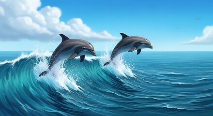 Fototapeta premium Two playful dolphins leap gracefully over a vibrant ocean wave, showcasing a serene and sunny seascape.