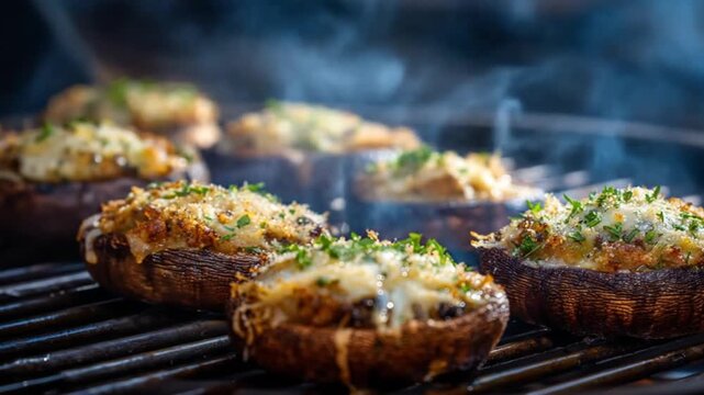 Grilled stuffed mushrooms sizzling on a barbecue grill, garnished with herbs and cheese, with smoke rising in the background, creating an inviting atmosphere for outdoor dining