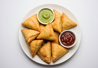Fried samosas arranged on a white plate with green and red dipping sauces, ideal for snack menus, street-food promotions, and culinary graphics on white background