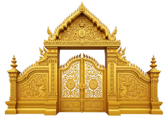 Fototapeta premium Luxurious ornate golden gate and majestic archway featuring intricate traditional thai architectural details and elaborate carvings isolated on transparent background