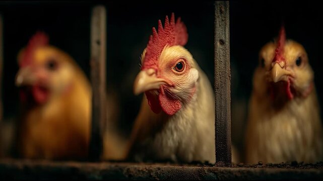 Close-up of chickens in dimly lit cage, industrial poultry farming and animal confinement concept