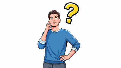Thoughtful Young Man with Question Mark Above Head Pondering a Problem.