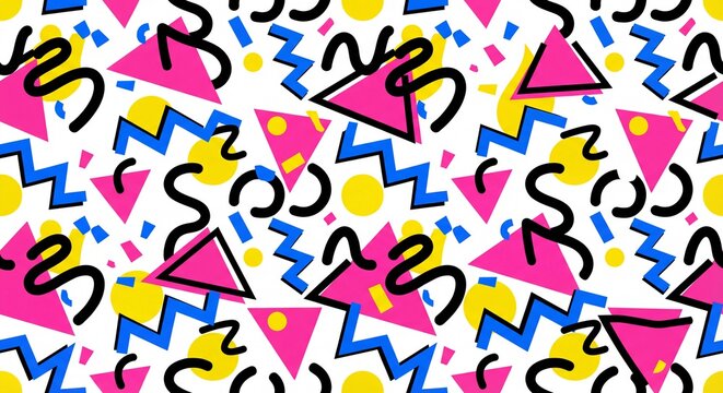 Abstract seamless pattern in Memphis/90s style with geometric shapes and bright Neon colors. Suitable for retro nostalgia, bold graphic design, and advertising
