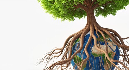 Vibrant Green Tree with Extensive Roots Embracing Earth Globe on White Background.