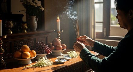 Person lighting incense sticks near a wooden altar laden with offerings and candlelight